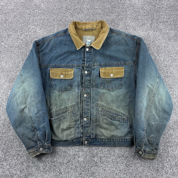Vintage Old Navy Trucker Jacket Mens 2XL Denim Bomber Corduroy Collar Distressed - Picture 1 of 9